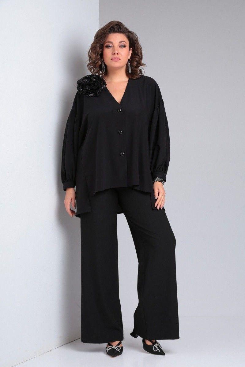 Compleu Nisa Bela Moda, bluză vaporoasă cu detaliu floral, culoare negru