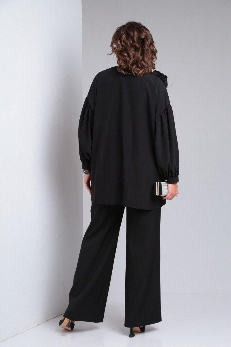 Compleu Nisa Bela Moda, bluză vaporoasă cu detaliu floral, culoare negru